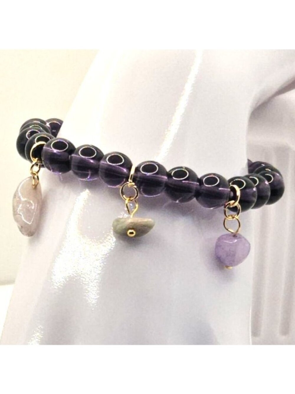 Purple Beaded Charm Bracelet, Stretch Bracelet with Charms, Lavender Bead